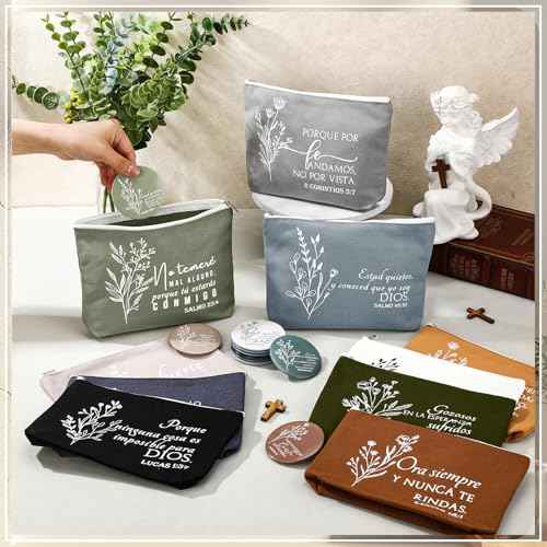Kacctyen 10 Sets Pastor Appreciation Gifts Bulk Spanish Christian Gifts for Women Regalos Cristianos para Mujer Religious Canvas Makeup Bags with Bible Verse Compact Mirrors (Boho Color)