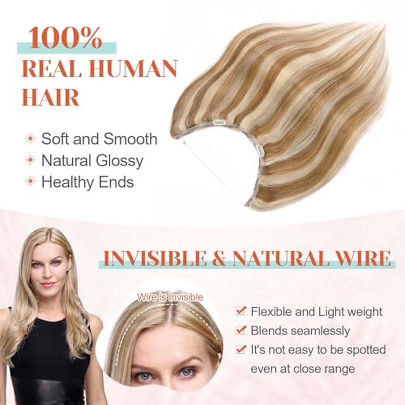 Benehair Halo Hair Extensions Real Human Hair 18 Inch Halo Extensions for Women 100% Human Hair Invisible Wire Hair Extensions Golden Brown Hightlights Bleach Blonde #12P613