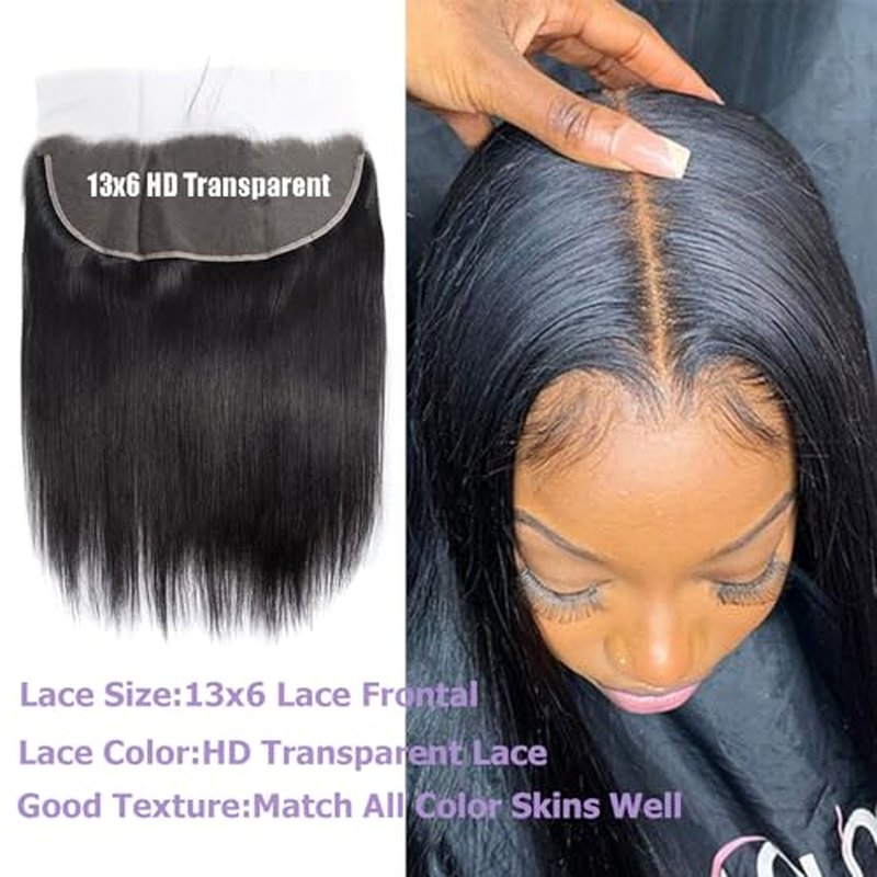HD Frontal 13x6 Lace Frontal Straight Human Hair Transparent 13x6 Straight HD Lace Closure Big Long Space From Ear to Ear Free Part 100% Raw Virgin Human Hair Natural Black Color 14 Inch