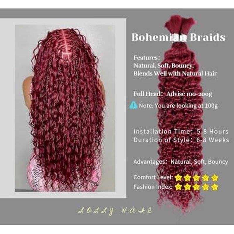 Human Braiding Hair 100g 28 Inch Deep Water Wave Bulk Human Hair for Braiding No Weft 12A Brazilian Virgin Curly Human Hair Extensions for Boho Braids Wet and Wavy 99J Red Burgundy Braiding Hair