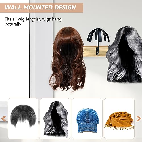 Hanging Wig Stand for Multiple Wigs, 6 PCS Wall Mounted Wig Hanger Holder, Durable Wig Storage Organizer Rack for Display, Storage, Styling, Drying (Carbon Steel and Wood)
