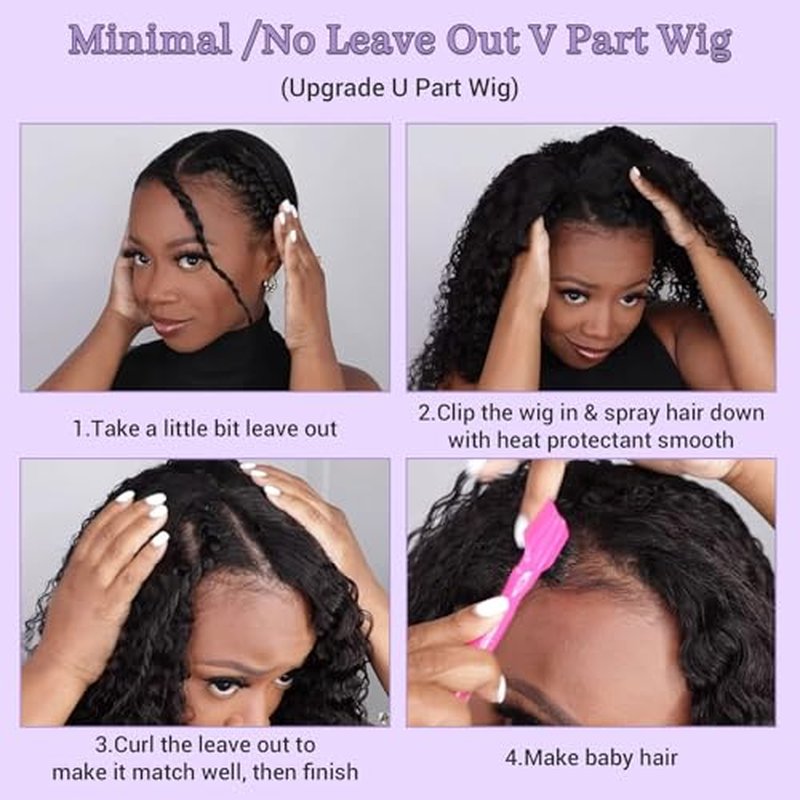 Kinky Curly V Part Wig Human Hair Glueless Clip In 100% Real Human Hair Curly V part Wigs No Glue No Sew In Upgrade U Part Wig For Beginners Friendly 200 Density 18 Inch