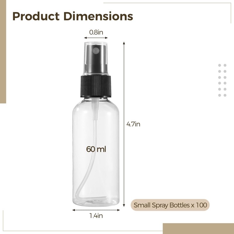 Tideme 100 PCS Small Spray Bottles 2 oz Bulk - 60 ML Transparent PET Spray Bottles with Black Mist Nozzle Travel-Size, Convenient for Samples Office Home Use