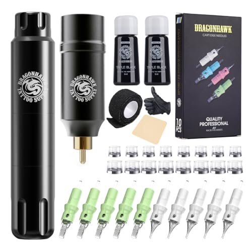 Dragonhawk S12 Wireless Tattoo Pen Kit, Rotary Tattoo Machine Gun Kit, Complete Tattoo Kit for Beginner, 10Pcs Tattoo Cartridges Needles