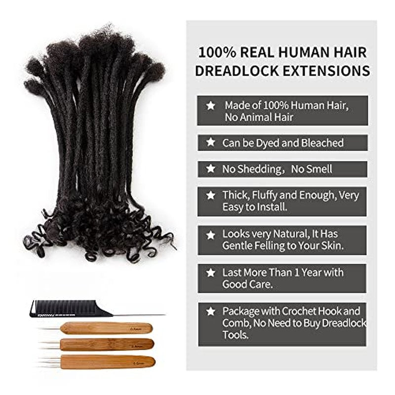 Loose Curly Ends Human Hair Dreadlocks Extensions 0.4cm-0.8cm Width 8-16 Inch 100% Human Hair Handmade Loc Extensions with Needle and Comb (10 Inch 20 Strands, 0.6cm Width, Natural Black)