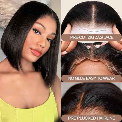 AISI Bob Wig Human Hair Glueless Wigs Human Hair Pre Plucked Pre Cut 4x4 HD Lace Front Put On and Go Glueless Wigs Human Hair 180% Density Short Straight Bob Wigs for Black Women 8 inch