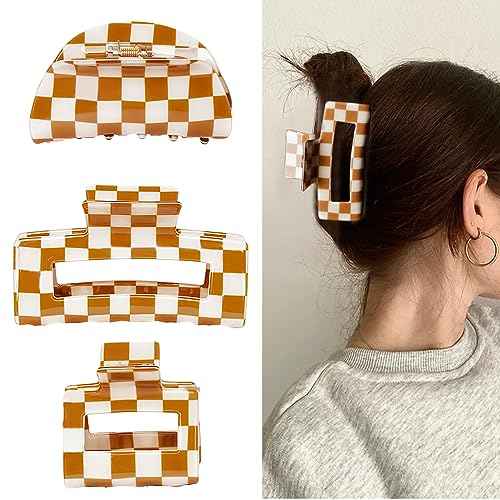 Brown & White Checkered Hair Clips, 3 Pack - Includes Square, Semicircle, and Rectangle Claw Clips for Thick or Thin Hair, Hair Accessories for Women and Girls
