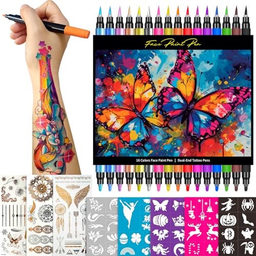 Temporary Tattoo Markers for Skin, 16 Colors Dual-Tip Tattoo Pens + 43 Tattoo Stencils + 50 Tattoo Stickers, Skin-Safe Glitter & Matte Body Markers, Washable Tattoo Kit for Kids Adults