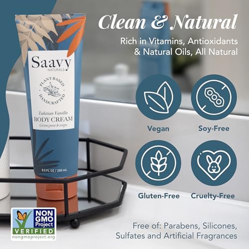 Saavy Naturals Body Cream Tahitian Vanilla, Clean Plant-Based Ingredients| Made In USA | Absorbent Shea Butter Vegan, Thick and Creamy Body Moisturizer, Body Lotion for Dry Skin- 8.5 Fl Oz, 2 Pack
