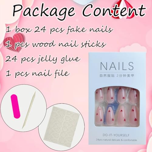 24Pcs Heart Press on Nails Medium Almond Fake Nails Valentines Glue on Nails Nude Pink Full Cover False Nails Red Love Hearts Artificial Acrylic Nails Stiletto Stick on Nails for Valentines Nails