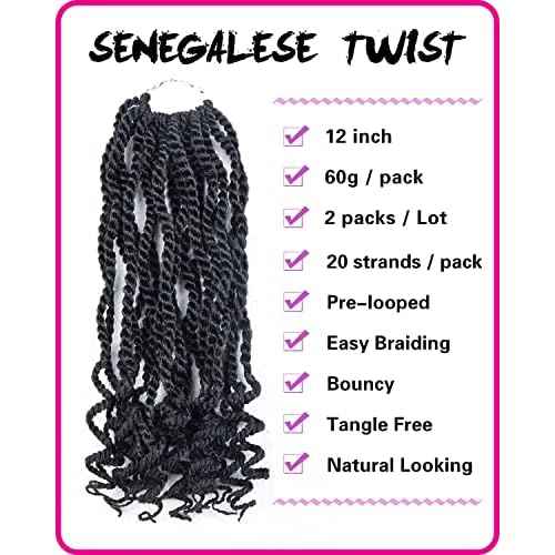 Wavy Senegalese Twist Pre-twisted Kids Crochet Hair 12 Inch Braids 2 Packs Synthetic Hair Extension(1B#, 12 Inch)