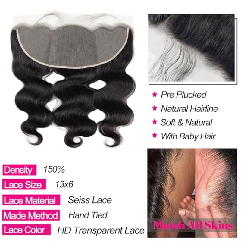 13x6 0.1mm SKINLIKE Ultra Thin Invisible HD Frontal Body Wave Transparent Lace Frontal Closure Melt Into Skin Easily£¬Pre Plucked With Baby Hair 12A Grade Brazilian Human Hair 14 Inch