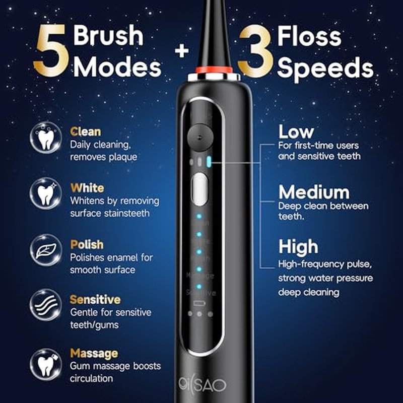 Electric Toothbrush with Water Flosser Combo in One, Professional Flossing Toothbrush for Teeth Cleaning and Flossing, Plaque Removal, Rechargeable, 5 Brush Modes & 3 Flossing Speeds, 500ML