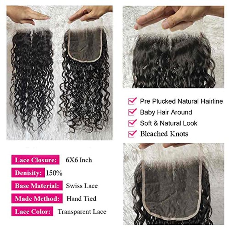 10A Unprocessed Brazilian Hair Transparent Swiss Lace Closure 6X6 20 Inch 1B Soft Remy Human Hair Water Wave Lace Closure With Pre Plucked