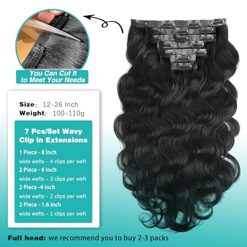 Seamless Clip In Hair Extensions Real Human Hair Invisible PU Skin Weft Body Wave Clip Ins 100% Unprocessed Brazilian Remy Human Hair Extensions 7pcs with 16Clips 100g£¨Natural Black,12 inch£©