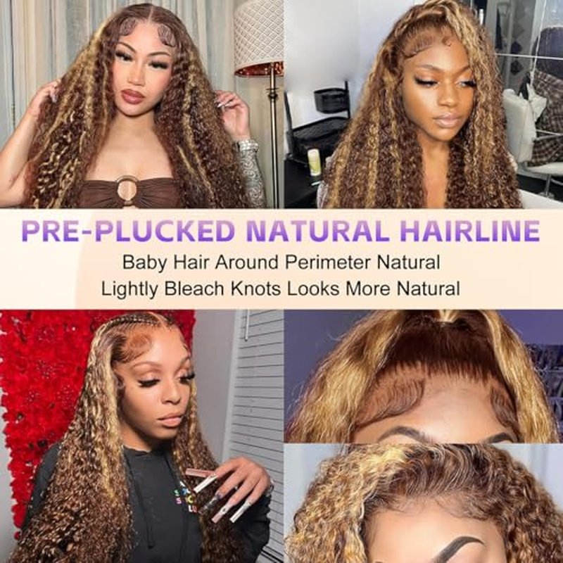 Highlight Lace Front Wig Human Hair 13x4 Ombre Deep Wave Wigs Human Hair 180% Density Honey Blonde Colored Deep Curly HD Lace Frontal Wigs for Black Women Wet Wavy Pre Plucked with Baby Hair(26 Inch)