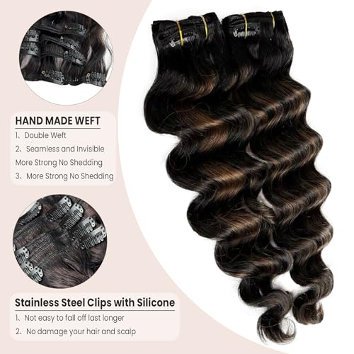 Curly Clip in Hair Extensions Seamless Clip in Hair Extensions Remy Human Hair Ombre Natural Black to Chestnut Brown Hair Extensions Invisible PU Skin Weft Soft Natural Clip ins£¨20in£©