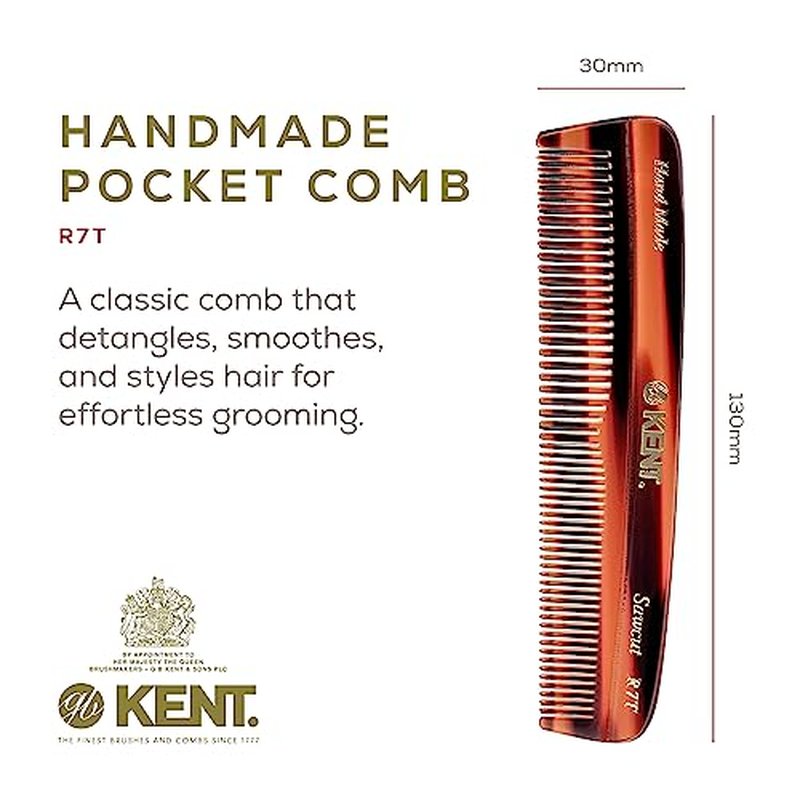 Kent R7T Fine and Wide Tooth Hair Comb, Handmade Pocket Comb for Men, Beard and Mustache Combs for Everyday Grooming and Styling, Sawcut Kent Combs, Made in England