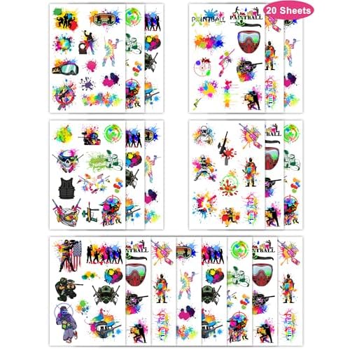 204Pcs Paintball Temporary Tattoos - Fun Kids Paintballs Tattoos Temporary Stickers Favors for Paintball Birthday Decorations, Paintball Party Supplies Class School Carnival