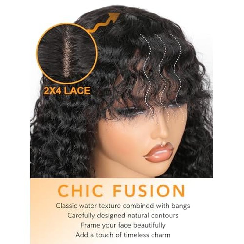 Bob Wig with Bangs Human Hair Water Wave 2x4 HD Lace Closure Front Curly Wigs Human Hair Bang Wig 220 Density Glueless Wear and Go for Beginners 100% Brazilian Human Hair for Black Women 14 Inch