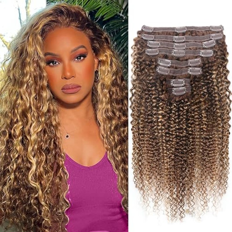 Curly Clip In Hair Extensions Real Human Hair Clip Ins Balayage Chocolate Brown to Caramel Blonde Human Hair Extensions 8Pcs with18clips 120g/Set (24 inch£¬#4/27/4)