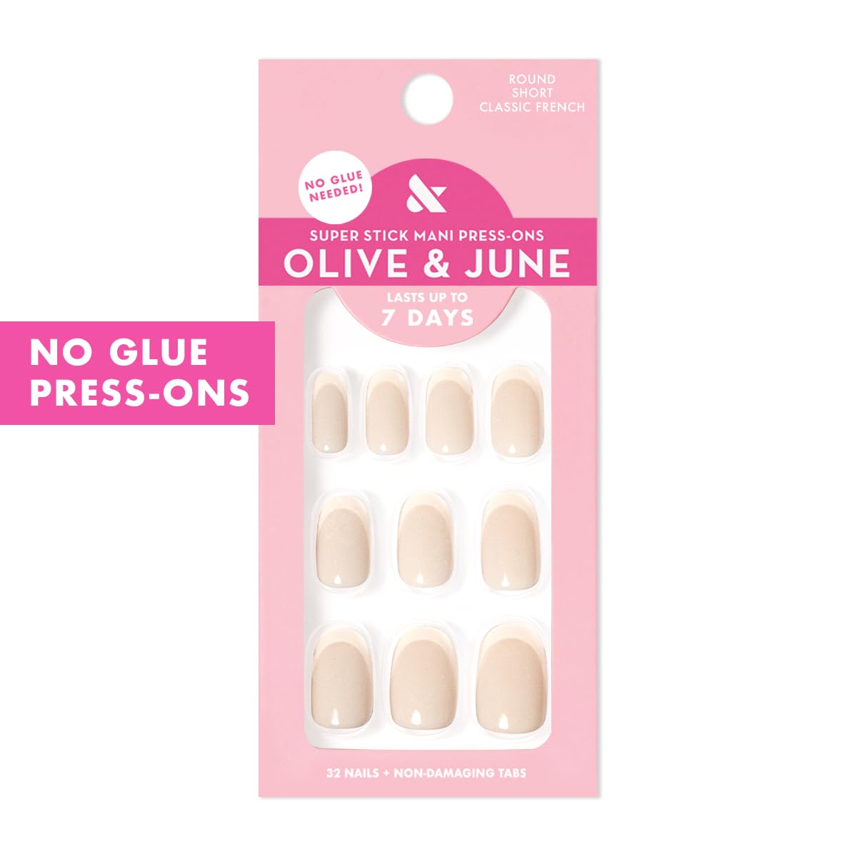 Olive & June Classic Super Stick Mani Press On Nails | No Glue Needed | 32 Tab Nails, 16 Sizes | Non-Toxic Easy On-Off Non-Damaging Real Look | 7-Day Wear | Short, Round | Classic French