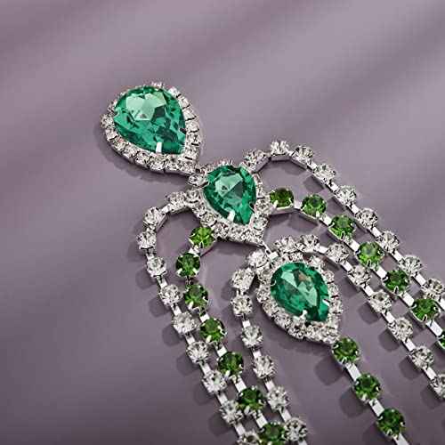 Xerling Green Crystal Pendant Head Chain Boho Layered Rhinestones Forehead Headpiece Tassel Head Jewelry for Women Wedding Hair Clip Accessories for Brides (Green-Silver)