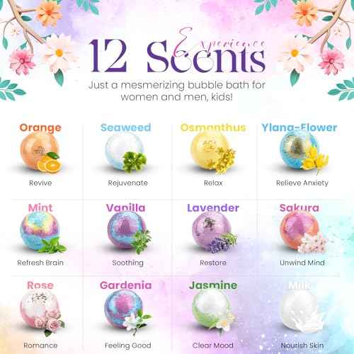 Bath Bombs for Women Pack of 12 Handmade for Women Gift Set, All Natural with Essential Oils, Shea Butter & Luxurious Bubbles - Relaxing Bath Bombs for Adults, Spa Fizzies, Moisturizing Bath Balls