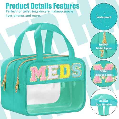 Chenille Letter Clear Medicine Bags, Makeup Bag for Travel, Preppy Patch Nylon Cosmetic Meds Pouch with Handles and Zipper, Waterproof Large Clear Travel Toiletry Purse Storage for Women Green