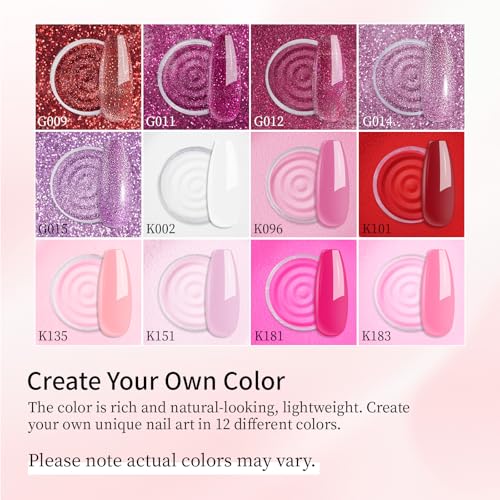 12 Pcs Nail Dip Powder Set, 12 Colors Burgundy Pink Dipping Powder Kit, Valentine's Shimmering Red Purple Glitter Nail Art Manicure Salon DIY for Daily at Home Party Gifts for Women
