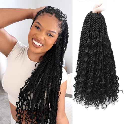 Senegalese Twist Crochet Hair For Black Women - 16 Inch Boho Island Twist Crochet Braids Hair Curly Ends 8 Packs Pre Looped Crochet Braiding Hair Extensions(1B)
