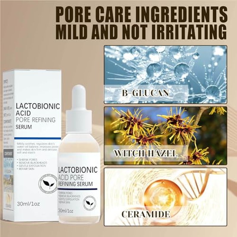 Lactobionic Acid Pore Refining Serum,Minimize Pores Serum Gentle Formula Clean Pore Shrink Pore Firming Skin Reduce Fine Lines Facial Liquid for All Skin