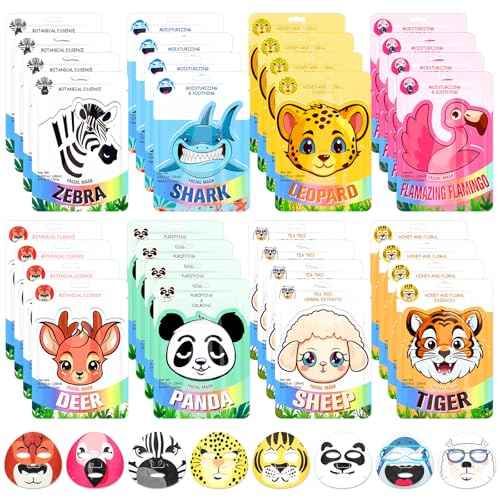 32 Pcs Animal Face Masks Bulk Spa Sheet Skincare Facial Mask Funny Face Skin Care for Women Girls Sleepover Slumber Party