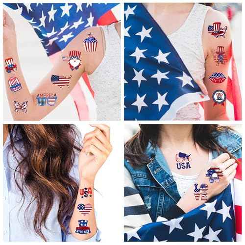 50 PCS Fourth of July Temporary Tattoos for Kids, Red White and Blue Themed Tattoos for Birthday Party Supplies USA Flag Memorial Day Independence Day Labor Day Tattoo Stickers for Kids Boys Girls