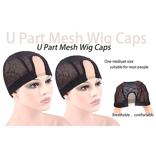 2 Pcs 1.4X3 Inch U Part Wig Cap for Making Wig Lace Wig Cap Dome Mesh Stretch Weaving Wig Caps (Medium Black)