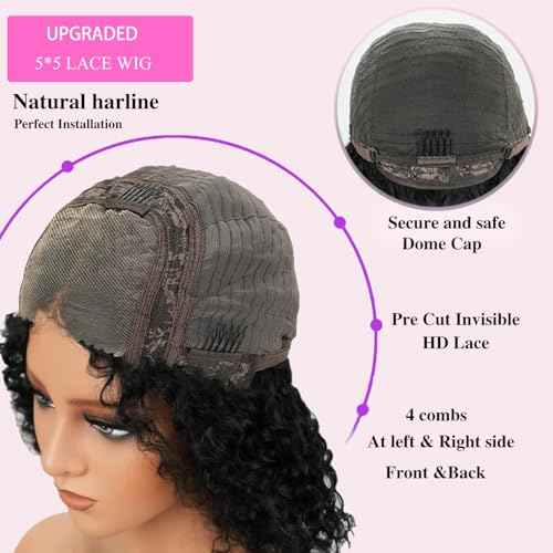 Deep Wave 5x5 HD Lace Closure Curly Wigs for Black Women Glueless Wigs Human Hair Pre Plucked Pre Cut 180 Density Short Curly Human Hair 8 Inch Natural Black