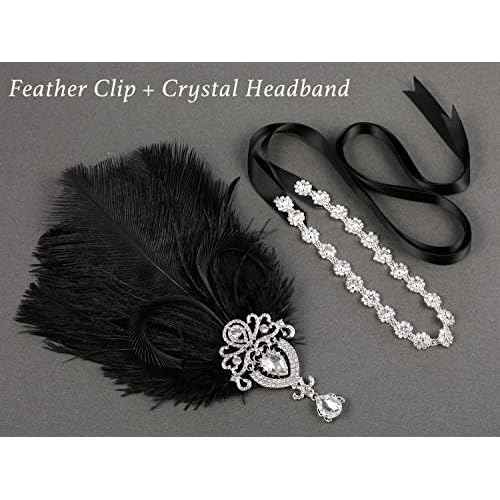 SWEETV 1920s Feather Headpiece Black, Womens Ostrich Feather Crystal Headband, Great Gatsby Hair Accessories for Women, Ribbon Tie