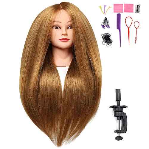 26"-28" Long Hair Mannequin Head with 60% Real Hair, Hairdresser Practice Training Head Cosmetology Manikin Doll Head with 9 Tools and Clamp - #27 Golden, Makeup On