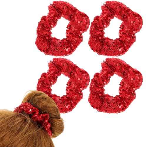 4Pcs Scrunchies for Women Hair Scrunchies Elastic Thin Hair Bands Sequin Satin Scrunchy Hair Ties Christmas Red Hair Ties Hair Accessories