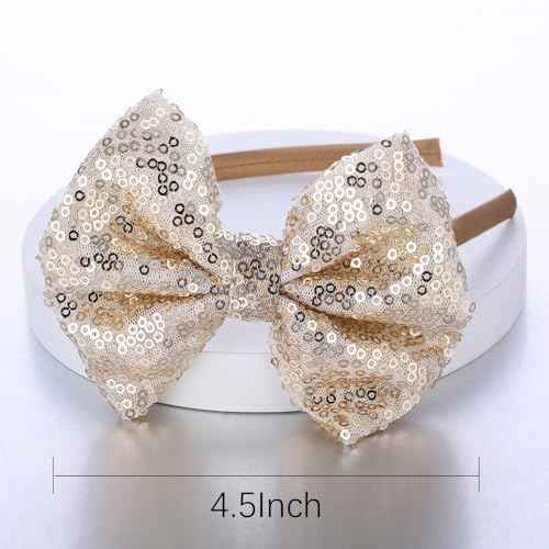 Kiszu Sparkly Sequin Hair Bow Headbands Fashion Glitter Cute Boutique Ribbon Bows for Girls, Kids, and Women (Sliver,Gold)