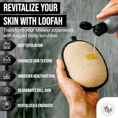 Loofah Body Scrubber for Men ? Body Wash & Scrubbing Luffa, Rugged Yet Gentle Lufas for Smoother & Healthier Skin, Terry Cloth Pad for Manly Skin Care, Black & White Masculine Design Loufas Sponge