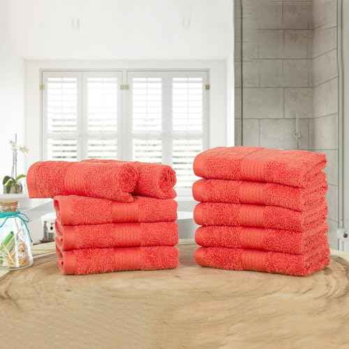 Ample Decor Wash Cloths Pack of 10, Oeko Tex Certified 600 GSM 100% Cotton Soft Absorbent, Premium Quality Durable Machine Washable, Ideal for Bathroom, Pool, Hotel, Spa ? Orange