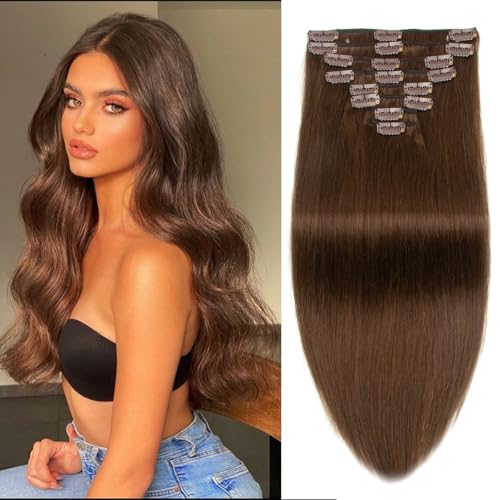 Clip in Hair Extensions Real Human Hair Straight 16 Inch Chocolate Brown 7pcs 120g Clip ins Hair Extensions Brazilian Remy Human Hair 16 Clips Double Weft Human Hair For Women