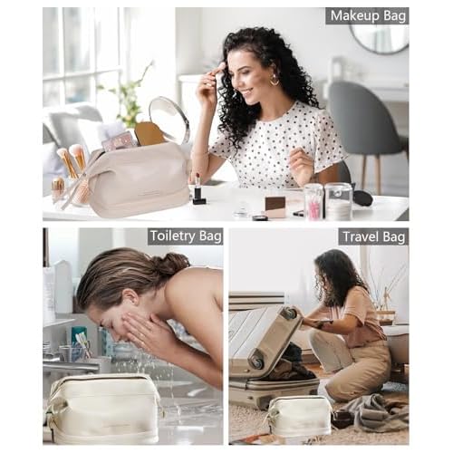 GRINKO Travel Makeup Bag, Large Capacity Toiletry Bag, Portable Pouch Cosmetic Bags for Women, PU Leather Waterproof Make up Organizer Apricot