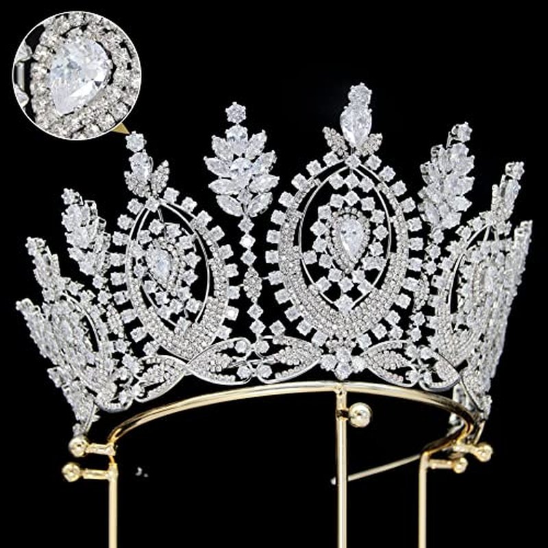 QXMYOO Tall Royal Queen Crown Cubic Zirconia Gold Silver Large Wedding Tiara for Bride Prom Quinceanera Pageant Princess Headpieces Birthday Party CZ Bridal Hair Accessories