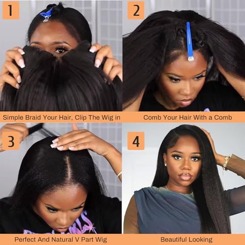 V Part Human Hair Wig Kinky Straight V Part Wig Human Hair for Black Women 18 Inch Glueless Wigs Clip Upgrade Natural Beginner Friendly Middle Part 200% Density