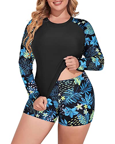Daci Women Blue Flower Plus Size 2 Piece Long Sleeve Rash Guard Swimsuit Swim Shirts Top UPF 50+ with Boy Short Swimwear 18W