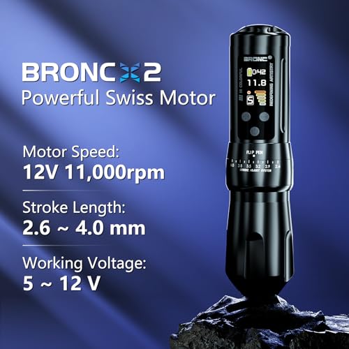 BRONC X2 Wireless Tattoo Pen Machine 2,000mAh Battery - 6 Adjustable Strokes, Rotary Cartridge Tattoo Machine Gun with Replacement Power Supply - for Tattoo Artists (Black)