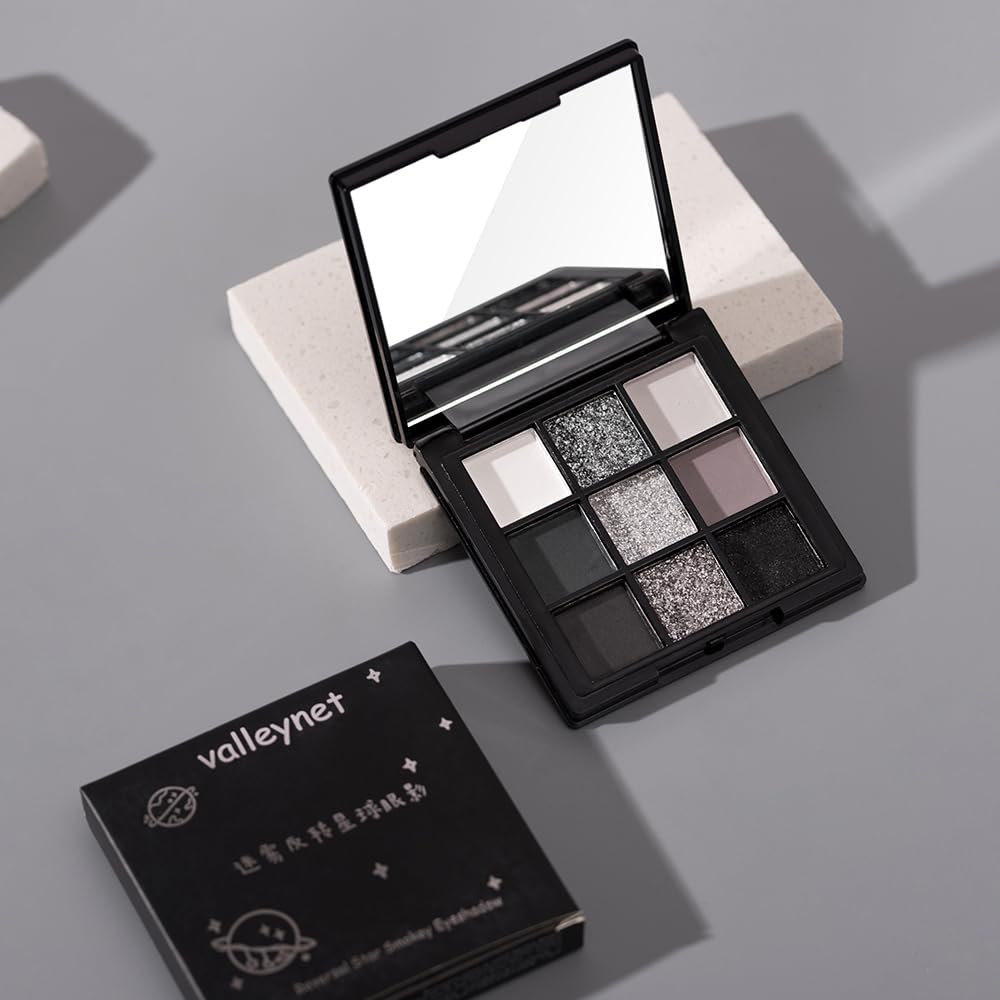 BAISEN DIARY 9 Color Smokey Eyeshadow Palette - Highly Pigmented Matte & Glitter Shades, Long-Lasting, Waterproof & Blendable, Black Silver Gray Eyeshadow Set for Sultry Glam (Reversal Star Smokey)