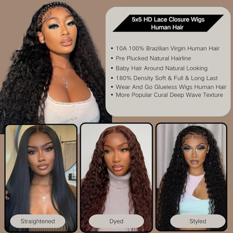 Glueless Wigs Human Hair Pre Plucked Pre Cut 5x5 HD Lace Closure Wigs Human Hair Deep Wave Wig Human Hair Wigs For Black Women Closure Wigs Human Hair 180% Density Natural Color